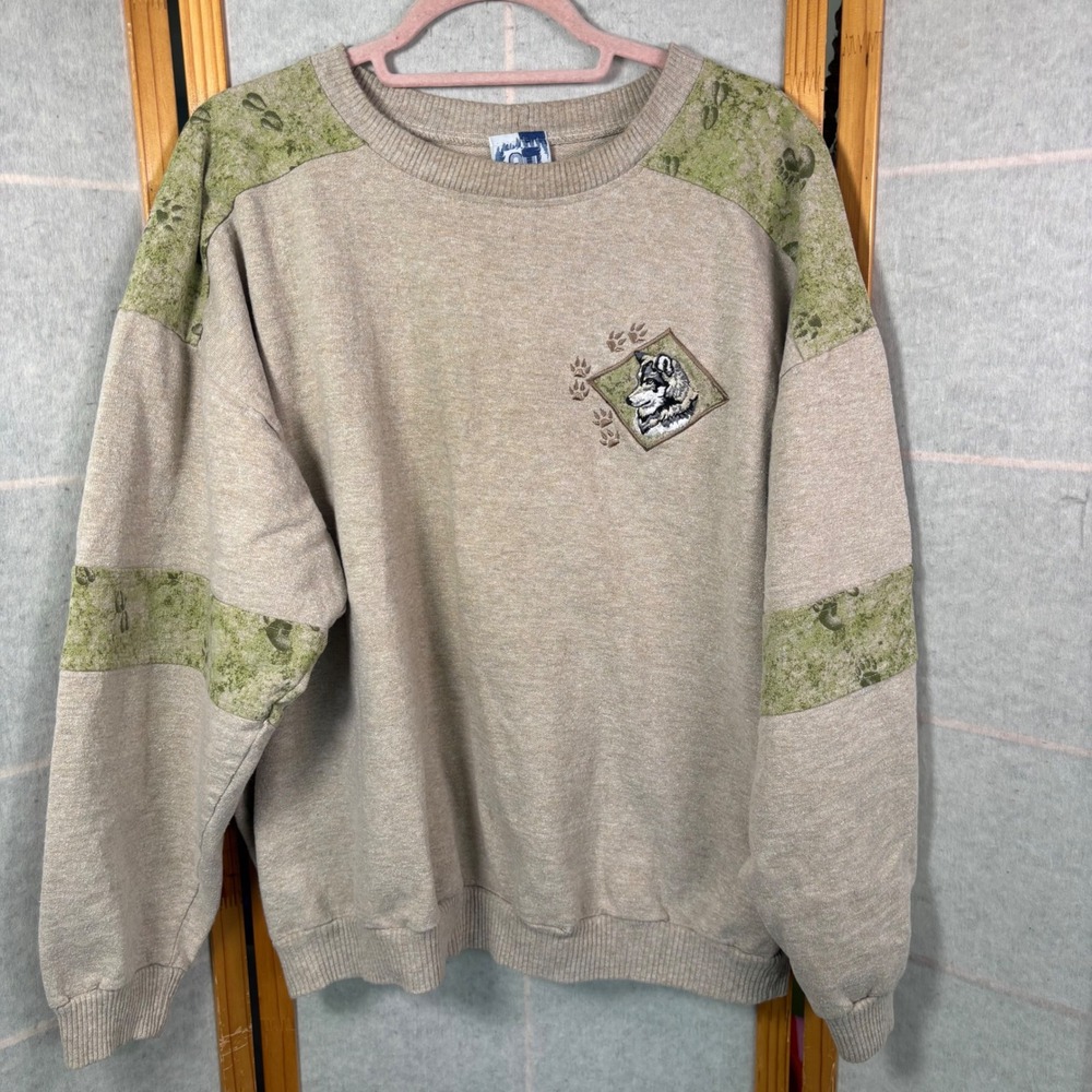 Art‎ Unlimited Wolf Graphic Sweatshirt XL Tan Vintage Paw Print Panels USA